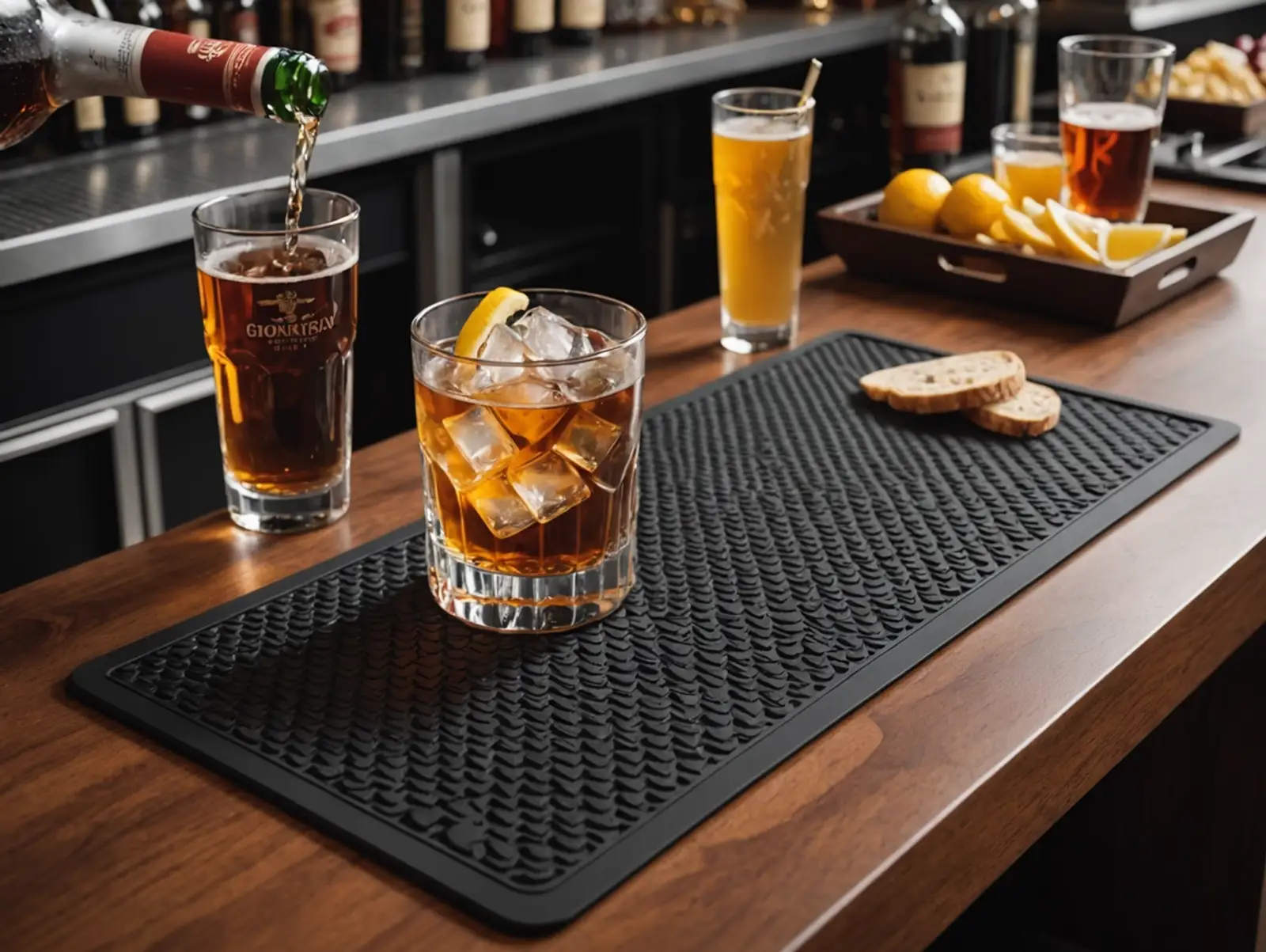 Whiskey glasses on a rubber bar mat on a wooden counter