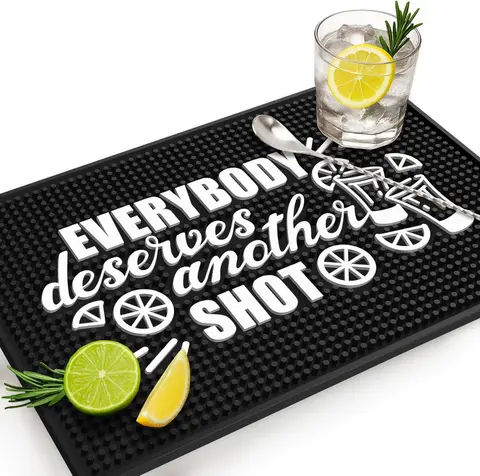 Everybody Deserves a Shot bar mat — witty rubber bar mat for home bars