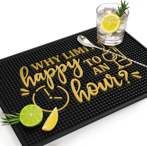 Why Limit Happy Hour bar mat — fun rubber bar mat with bold lettering